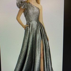 Mac Duggal Asymmetric Ruffle Metallic Ball Gown - Platinum